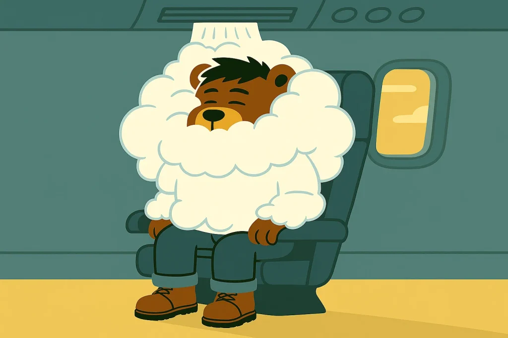 飛行機の座席でくつろぐクマのキャラクター。頭上のエアコンから出た風がふわふわの雲のようになって体全体を包み、気持ちよさそうに目を閉じている。