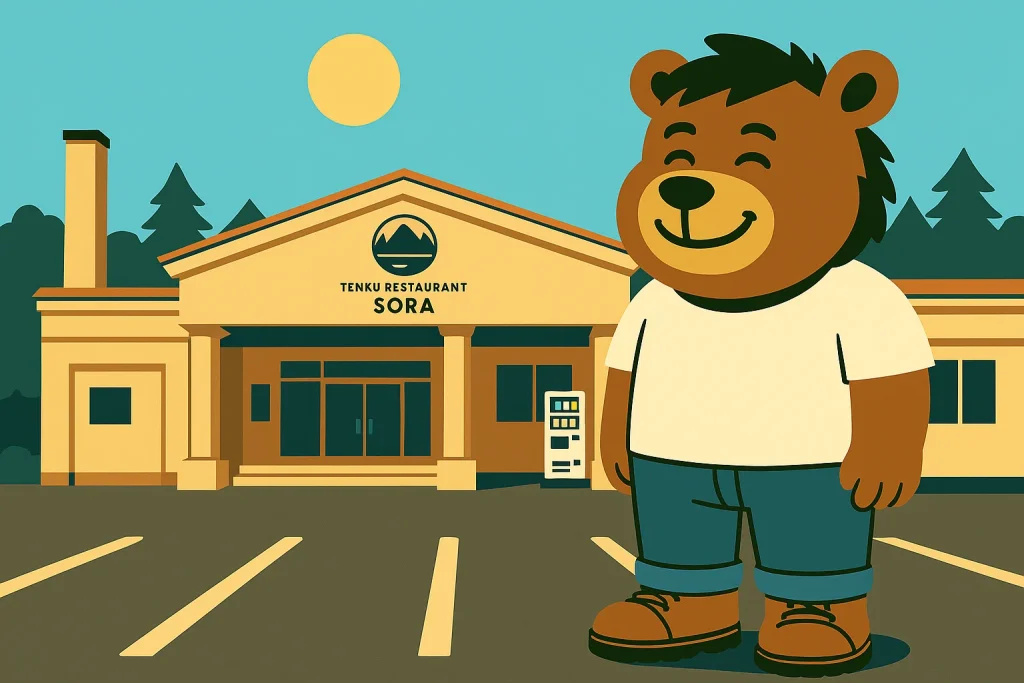 晴天のもと、十勝エアポートスパ SORAをモデルにした建物の前で、笑顔のクマのキャラクターが立っている。『TENKU RESTAURANT SORA』のロゴと自動販売機が背景に描かれている。