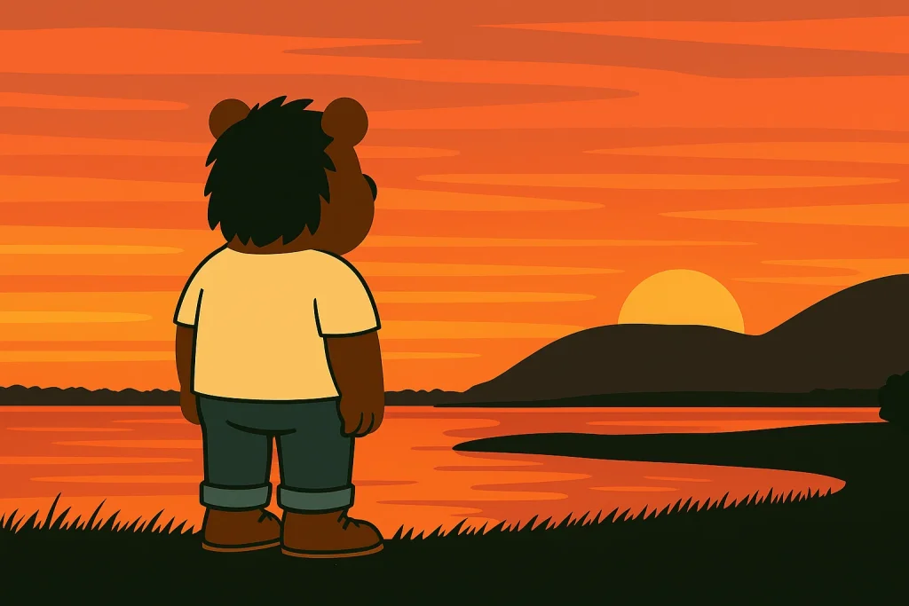 夕焼けに染まる湖畔で、クマのキャラクターが静かに沈む夕日を見つめている。オレンジと赤のグラデーションが空と水面に広がり、山の肩に太陽がゆっくりと沈んでいく情景。