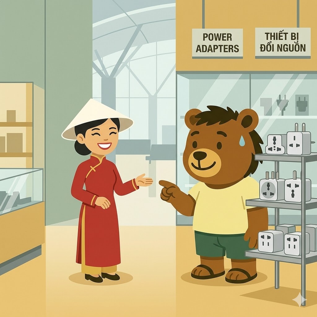 クマ（ノマドマ）のキャラクターが空港のショップで変電機器を探している。横に笑顔のベトナムの衣裳をきた女性がたっている。